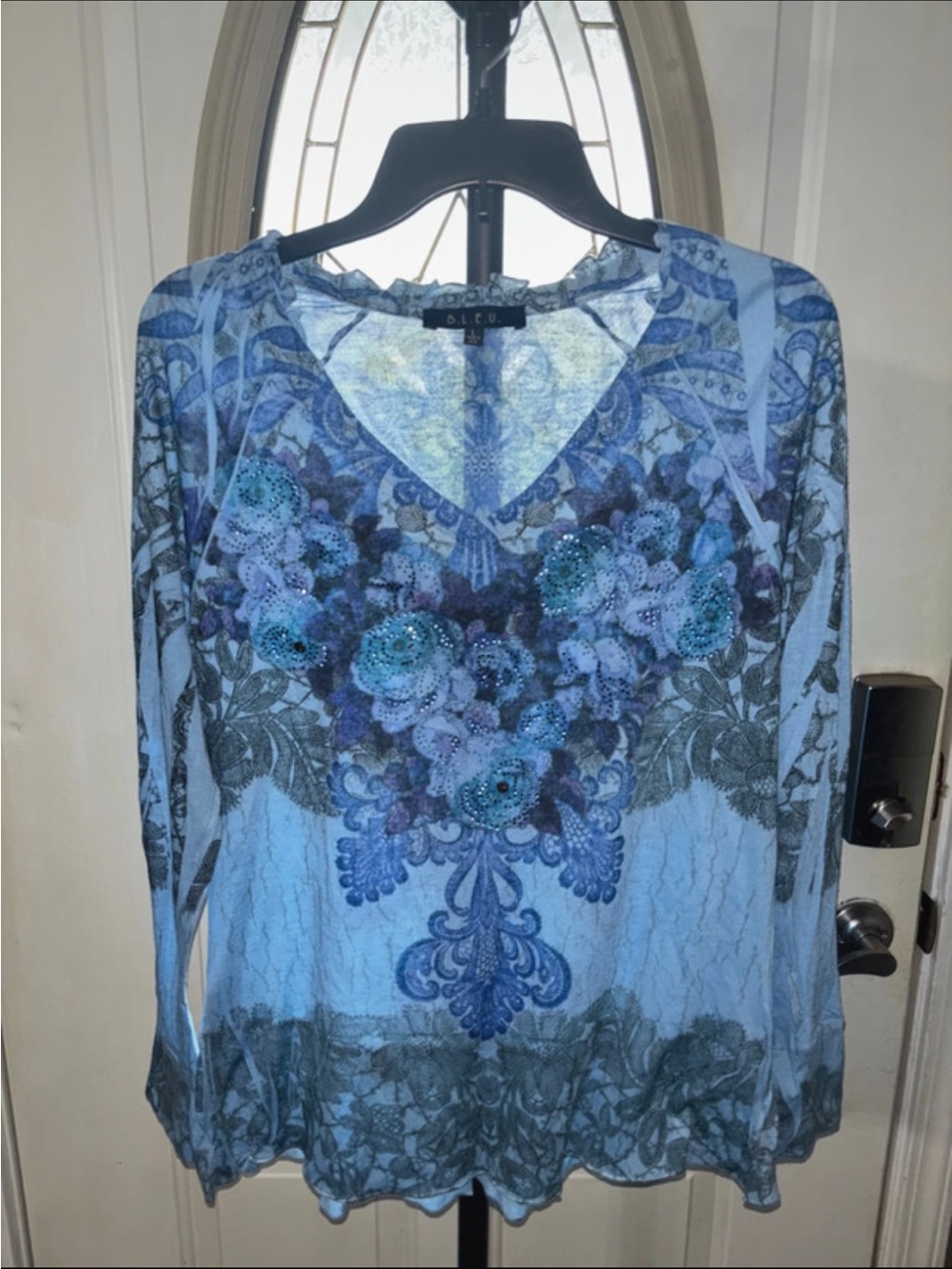 B.L.E.U. Light Blue Floral V-Neck Sequin Long Sleeve Blouse